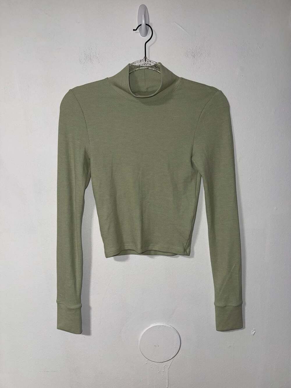 American Eagle Mock Neck Waffle Top Size S Green Long Sleeve